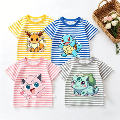 Cartoon Pokemon Stripe T Shirt Cute Pikachu Eevee Bulbasaur Baby Boy Girl Summer Tops Kawaii Toddler Short Sleeve Tee Shirts