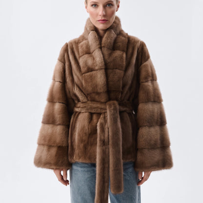 IG 2026 Women Stand Collar Belted Waist Faux Mink Fur Jacket Loose Long Sleeve Luxury Elegant Winter Party Daily Outer Coat