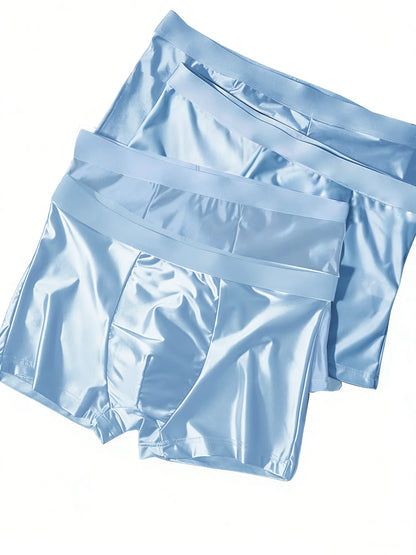 4 Pieces of Luxury Ice Silk Satin Flat Briefs, Men's Underwear, Smooth Cool Briefs, Breathable and Comfortable Fit Briefs