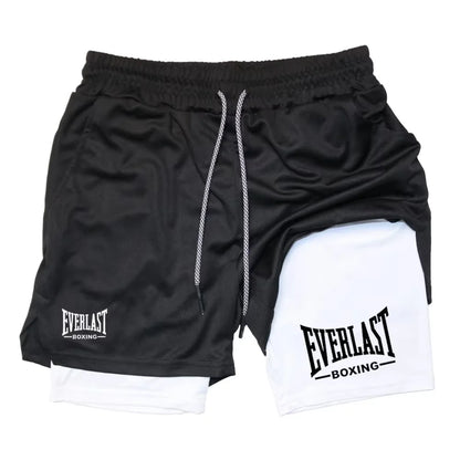Men's compression gym shorts, EVERLAST printed sports pants, double layered, quick drying, basketball, muscle, fitness