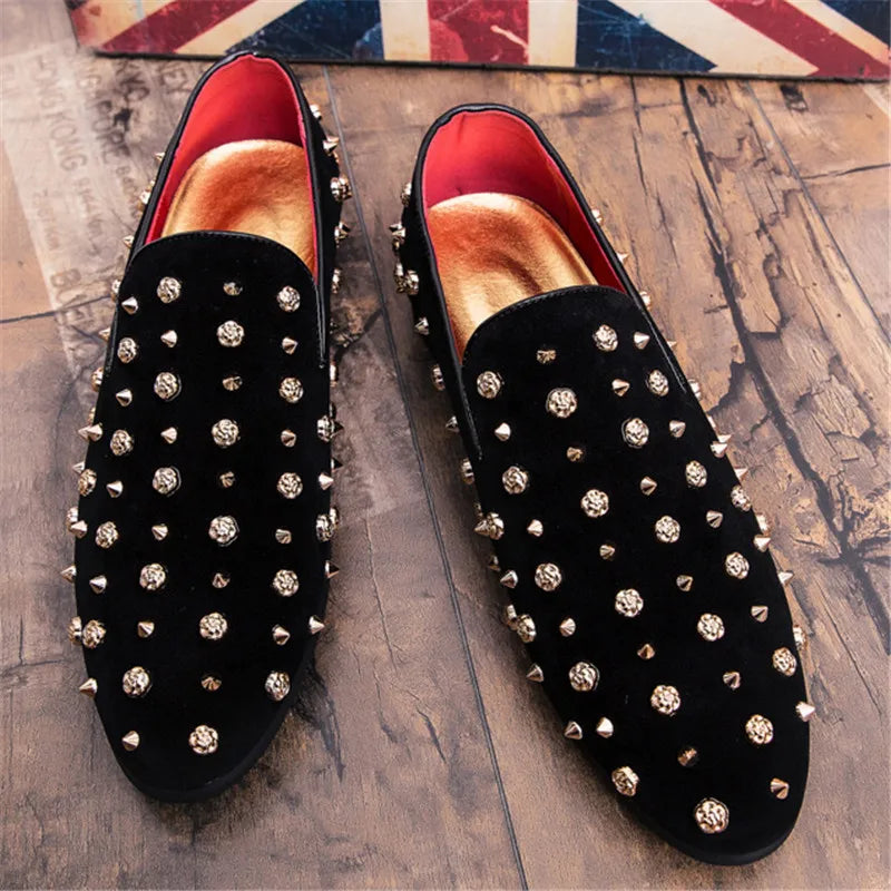 Trendy New Wedding Dress Rock Punk Rivet Suede Leather Shoes For Men Driving Loafers Prom Homecoming Party Footwear Zapatos