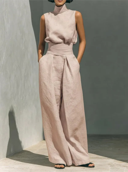 casual Solid Cotton Linen two-piece set for Women Sleeveless Turtleneck Top +High Waist Pants Set New Summer Button Loose Outfit