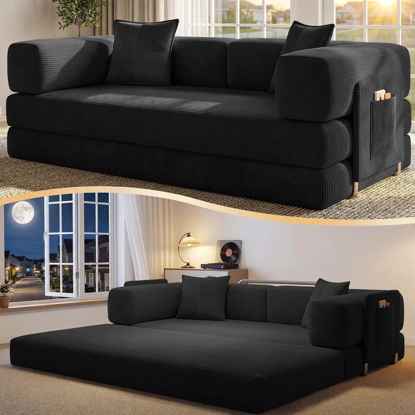 78.8" Convertible Futon Sofa Bed, Boneless Couch for Living Room | Corduroy Boneless Loveseat Sleeper Sofa, Modular, Customized