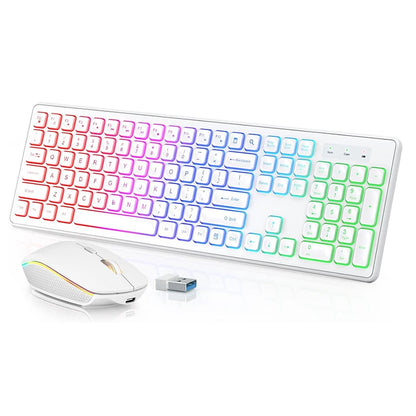 USB Wireless Keyboard and Mouse Set RGB Backlit Rechargeable Light Up Letters Full-Size Wireless Keyboard for Computer