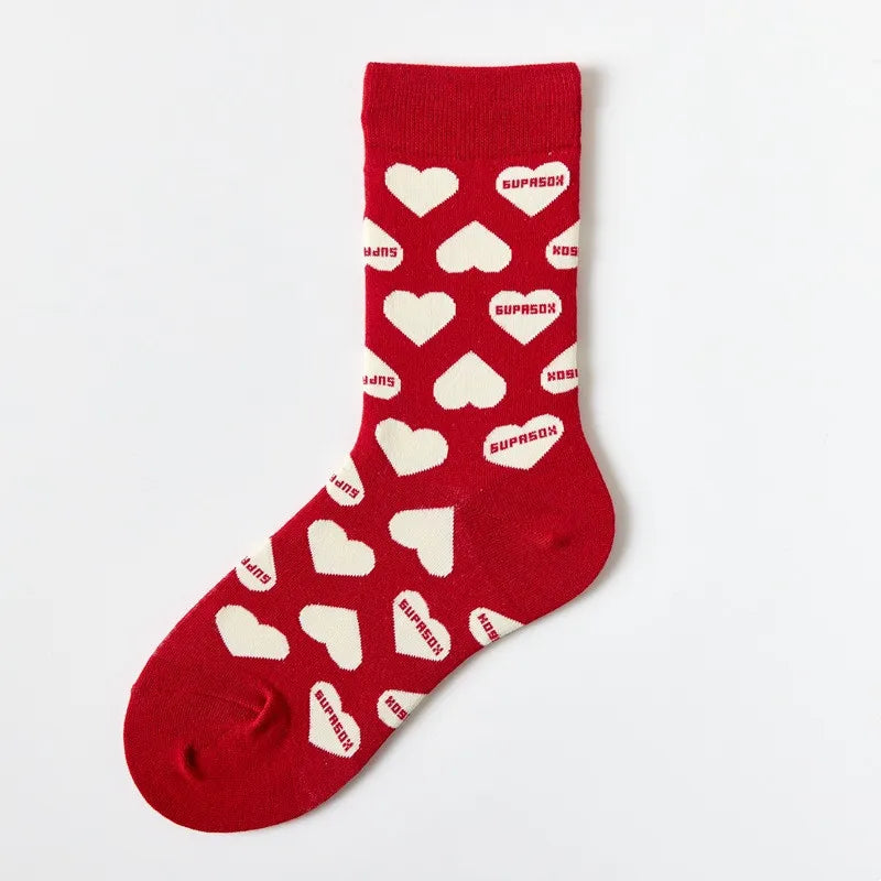 New Women Socks Cute Love With Heart Print Sock Cotton Harajuku Vintage Happy Female Dots Heart Kawaii Sox White Pink Crew Sock