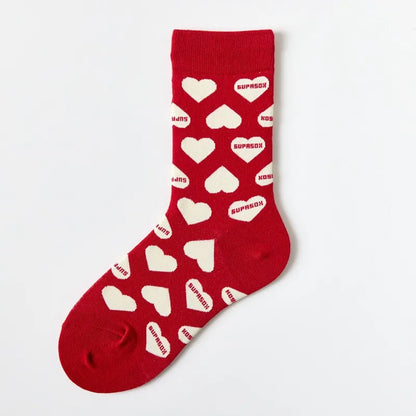 New Women Socks Cute Love With Heart Print Sock Cotton Harajuku Vintage Happy Female Dots Heart Kawaii Sox White Pink Crew Sock