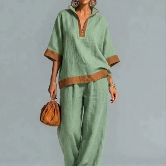 Women New Vintage Loose Two Piece Set Summer Sexy Half Zip Top+Wide Leg Pants Casual Elegant Color Blocking Holiday Party Sets