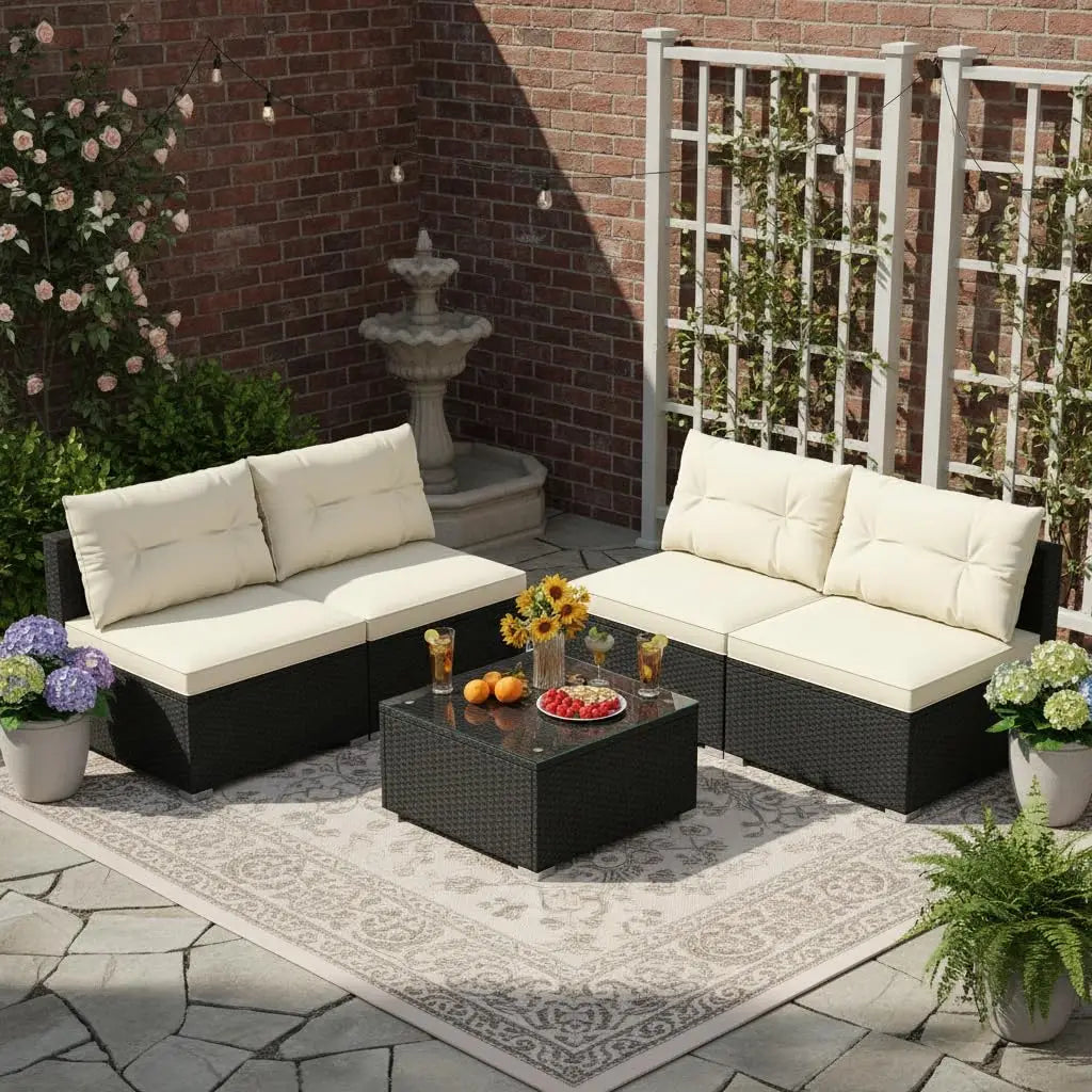 5 Piece Rattan Sofa Set, Patiojoy Outdoor Wicker Furniture Set with Seat & Back Cushions, Square Coffee Table,, Customized