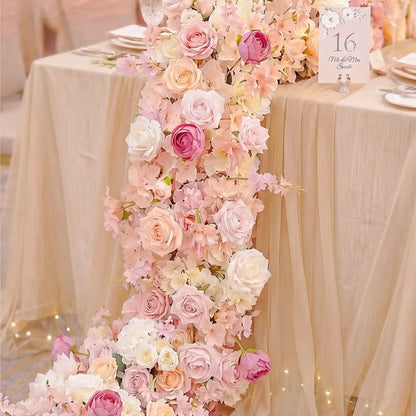 Uflower Pink Rose  Wedding Backdrop Decor Floor Flower Runner Event Table Centerpieces Silk Floral Strip Arrangement Party Props