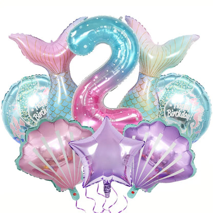 8pcs Mermaid Balloons set Shell Mermaid Foil Balloons 32inch Number Balloon 1-9 for Kids Girls 1-9th Birthday Party Decoration