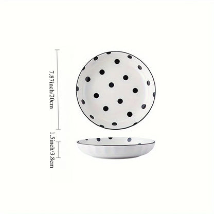 4Pcs Black Polka Dot Ceramic Plates Set,  Microwave Dishwasher Safe for Salad, Pasta, Dessert, Home Kitchen Tableware