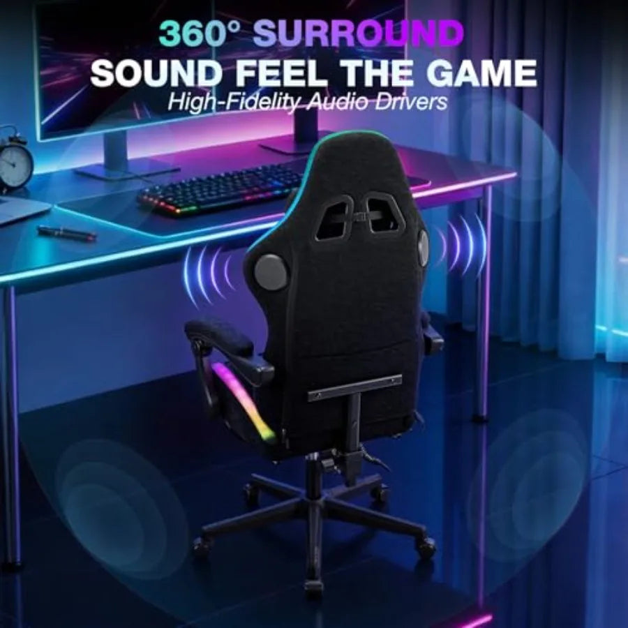 RGB Gaming Chair for Adults: Black Fabric Ergonomic Computer Chair with Music Rhythm LED Lights, Bluetooth Speakers, 155 Reclin