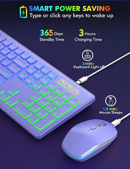 Wireless Keyboard and Mouse Combo Backlit ,Rechargeable Full-Size Illuminated Wireless Keyboard and Mouse Set, 2.4Ghz Keyboard