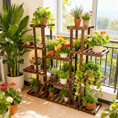 Large 11 Tiered Wood Plant Stand Carbonized High Widen Pot Shelf Holder Flower Shop Office Garden Indoor Outdoor