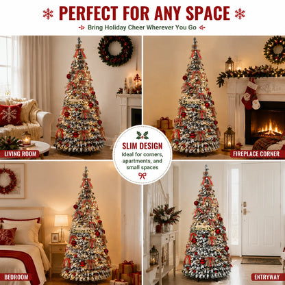Foldable Christmas Tree with LED Lights Snow Flocked Artificial Xmas Tree Slim Space Saving Party Home Holiday Decoration