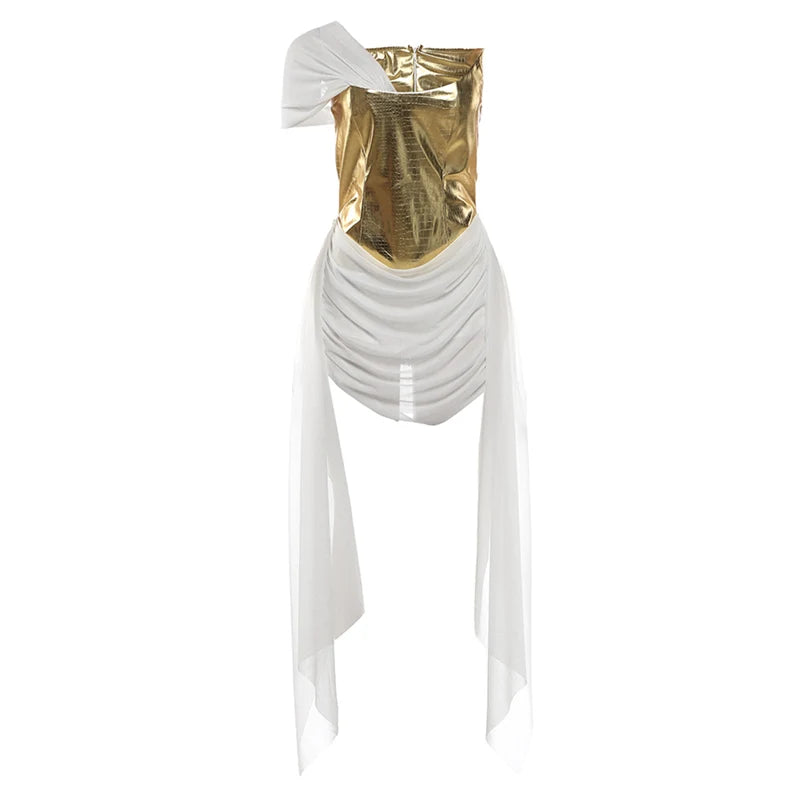 Weird Puss Patchwork Corset Dress Women Zip Irregular Tassel Mesh Ribbon One-Shoulder Birthday Stretch Clubwear Mini Bodycon
