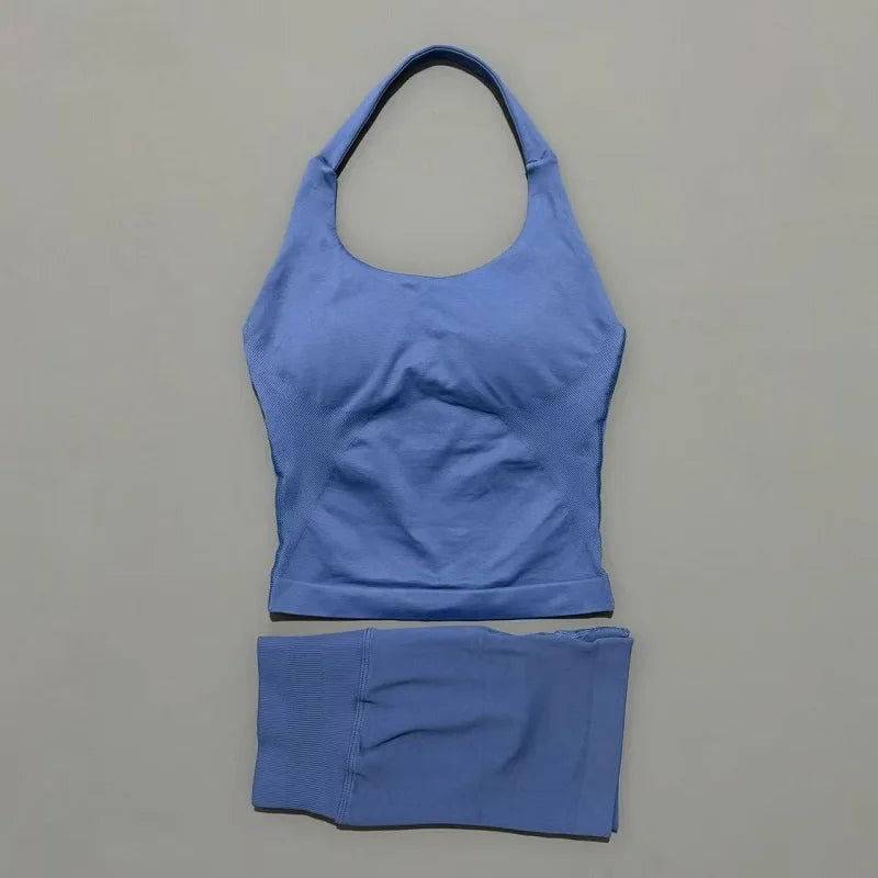 2 Pieces Shorts Yoga Set Women Backless Halter Tops High Waist Seamless Shorts Gym Suit Fitness Sportswear Workout Sets