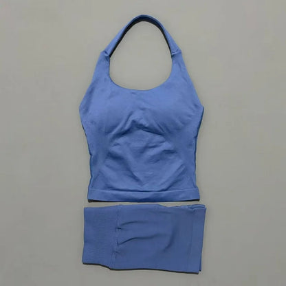 2 Pieces Shorts Yoga Set Women Backless Halter Tops High Waist Seamless Shorts Gym Suit Fitness Sportswear Workout Sets