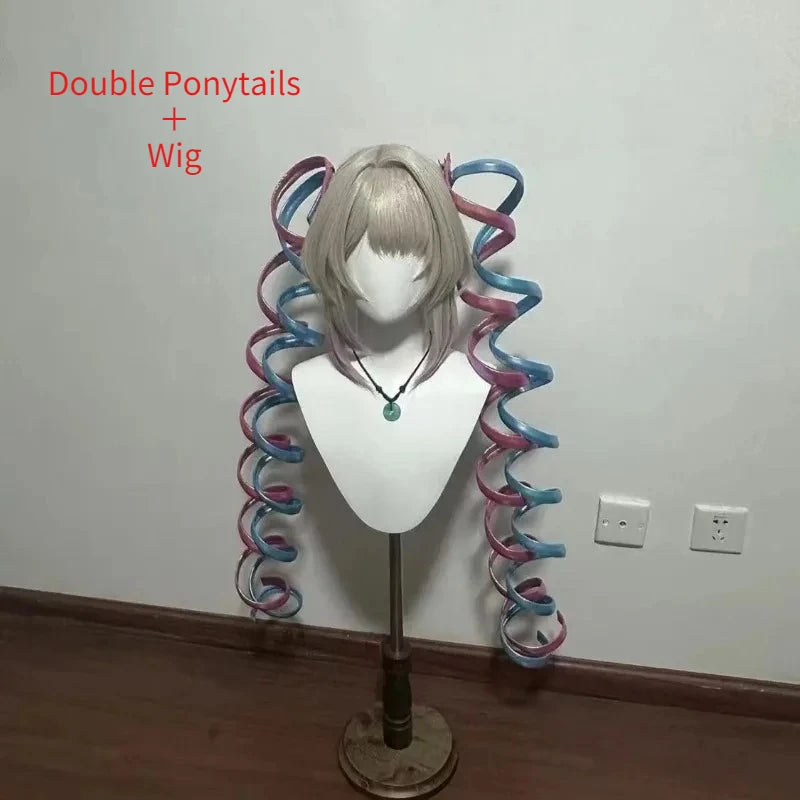 Handmade Ame Laser Double Ponytails Hairclip Anime KAngel Rain Cosplay Wig Shiny Ribbon Pink Blue Hair Halloween Roleplay Props