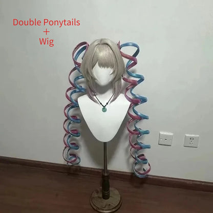 Handmade Ame Laser Double Ponytails Hairclip Anime KAngel Rain Cosplay Wig Shiny Ribbon Pink Blue Hair Halloween Roleplay Props