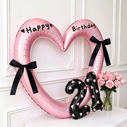 7Pcs 16inch Black Number Hollow-Out Heart Balloons and Heart Stickers Set, Includes 2 Number Balloons, 2 Stickers, 1 Glue Stick, 2 25cm Ribbons, for Birthday Parties, Wedding Anniversary Celebrations, Holiday Decorations