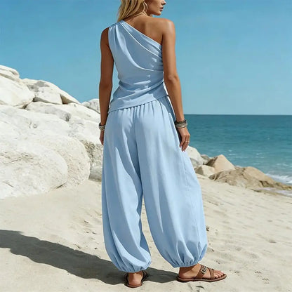 Summer Women Outfit Tank Top Pants Two Piece Set One-shoulder Sleeveless Shirt Solid Color Loose Casual Top Pants Suit