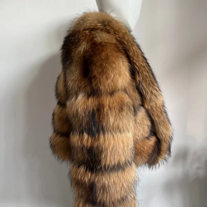 BEIZIRU Women's Real Raccoon Fur Coat with Big Turn-down Collar Winter Long Sleeve Natural Luxury Fashion Outerwear