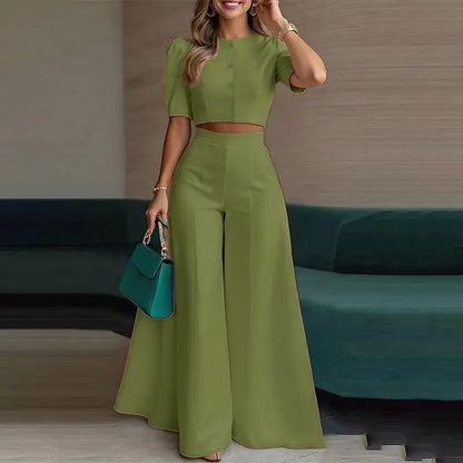 Women Elegant Solid Two Piece Sets Summer Short Sleeve Button-down Crop Blouse Top High Waist Wide-leg Pants Set Casual Outfits