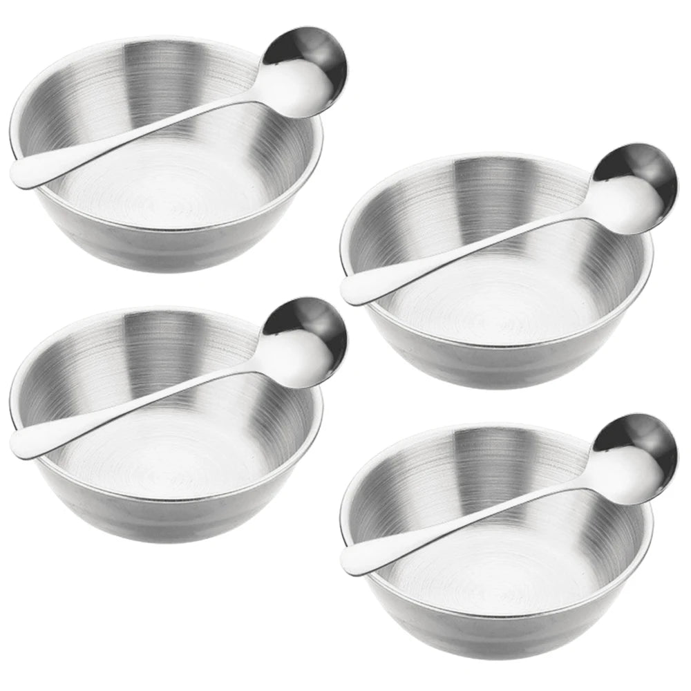 4Pcs Stainless Steel Sauce Dishes and 4Pcs Spoon for Appetizer Seasoning Serving Dishes Sets Tray Spice Plates Kitchen Tableware