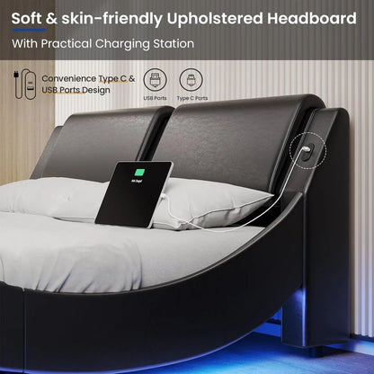 Modern Upholstered Queen Platform Bed Frame,Headboard with LED Lights & Charging Ports,Bedroom Furniture,Faux Leather, Custom