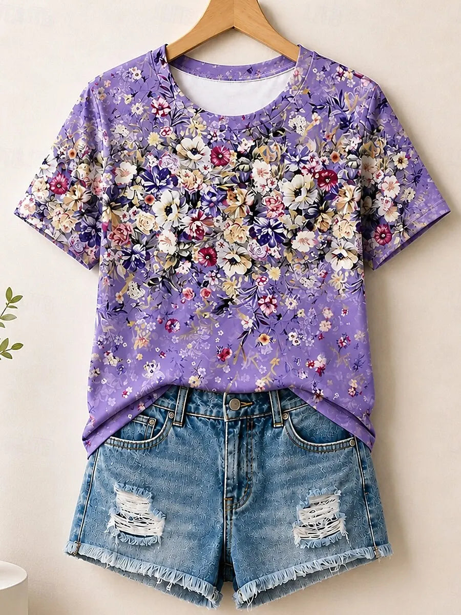 New Year Women's Summer Tops Floral Graphic Plants Elegant Vintage Stylish Short Sleeve Crew Neck Round Neck Long Tops Casual