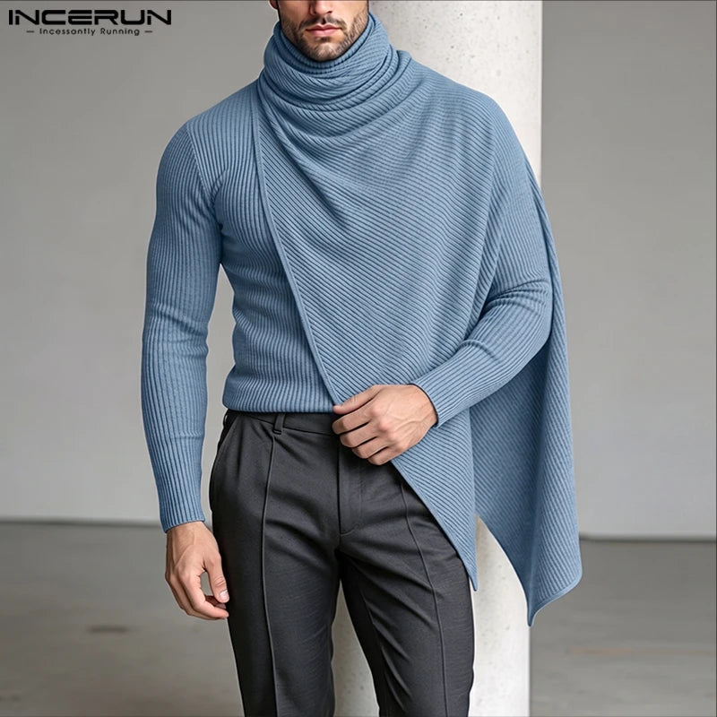 INCERUN Men's Pullovers Solid Turtleneck Long Sleeve Casual Irregular Tops Sweater For Man Streetwear Loose Fashion Men Clothes