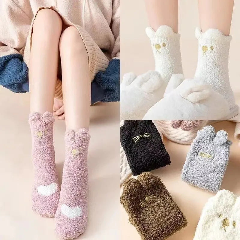 1 Pairs Warm & Fuzzy Cartoon Animal Socks, Crew Length Warm Coral Fleece Socks For Winter, Women's Stocking & Hosiery