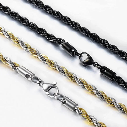 Twisted Rope Chain Necklace | Stainless Steel Men's Chain | Gold, Silver & Black
