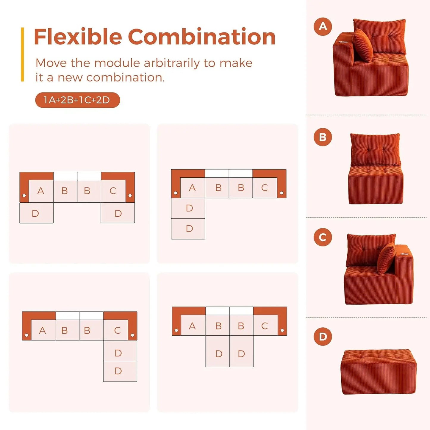 Boneless Couch, 129.5-Inch U-Shaped Cloud Couch, 2 Ottomans | Orange Tufted Modular Sofa in a Box Requires No, Customized