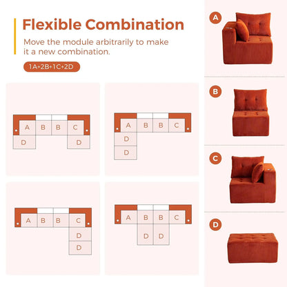 Boneless Couch, 129.5-Inch U-Shaped Cloud Couch, 2 Ottomans | Orange Tufted Modular Sofa in a Box Requires No, Customized