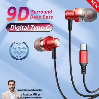 9D HIFI Heavy Bass Gaming Headphones Type-C Digital Chip Metal Magnetic Music Earbuds with Microphone In-Ear Headphone Universal