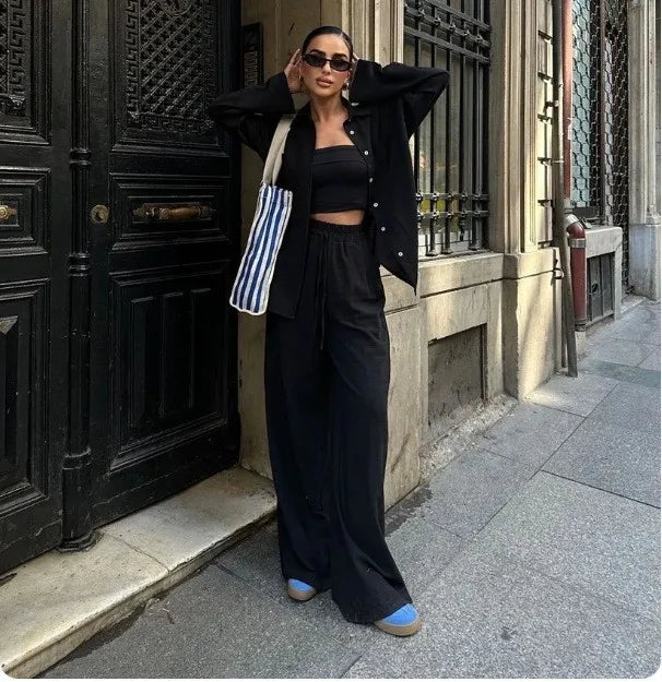 Autumn Cotton And Linen Pant Sets Women Fashion Long Sleeve Shirts Lace Up Pant Two Piece Set Casual Loose Wide Leg Pants Suit