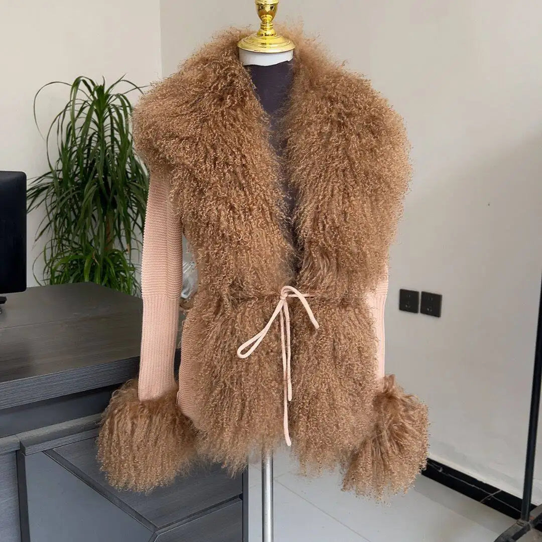 Women's Real Fox Fur Cardigan Jacket Spring and Autumn with Knitted Sweaters and Real Fox Fur Collar Women Raccoon Fur Cardigan