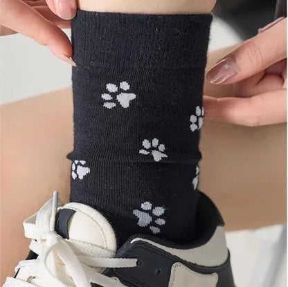 3pairs Cute Dog Claw Printed Women's Cartoon Dog Paw Sock Animal Pattern Soft Sweat Absorbing Breathable Casual Socks for Girls