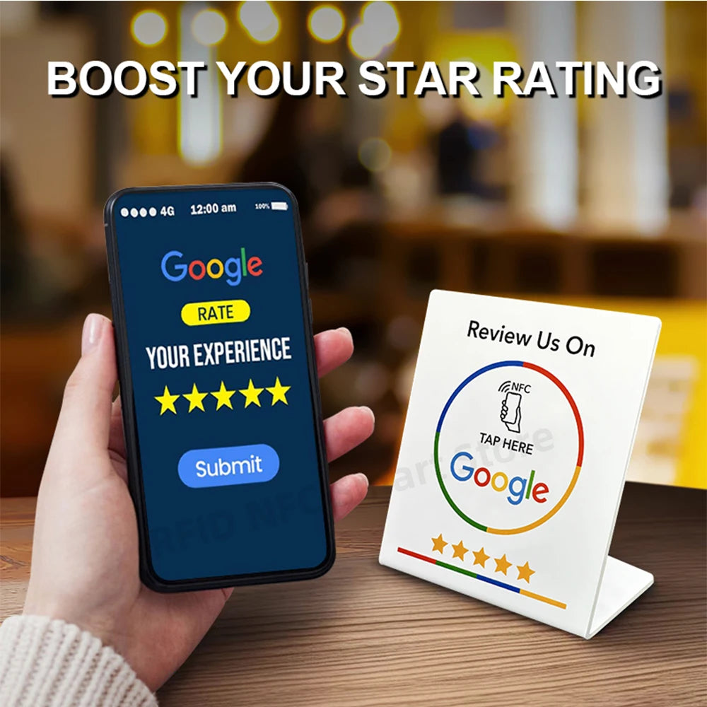 NFC 13.56Mhz programmable Google Review Card Station Table Tap Card NFC215 Chip 504Bytes RFID NFC Google Review stand display