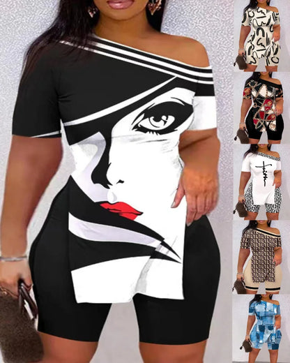 Print Two Piece Shorts Sets Women Skew Collar Short Sleeve Shirts Side Split Tops Pullover Elastic Waist Trousers Summer 2025