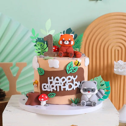 Cartoon Aniamal Cake Dec Little Raccoon Red Panda Cupcake Decoration Jungle Safari Happy Kid Birthday Party Girl Boy Babyshower