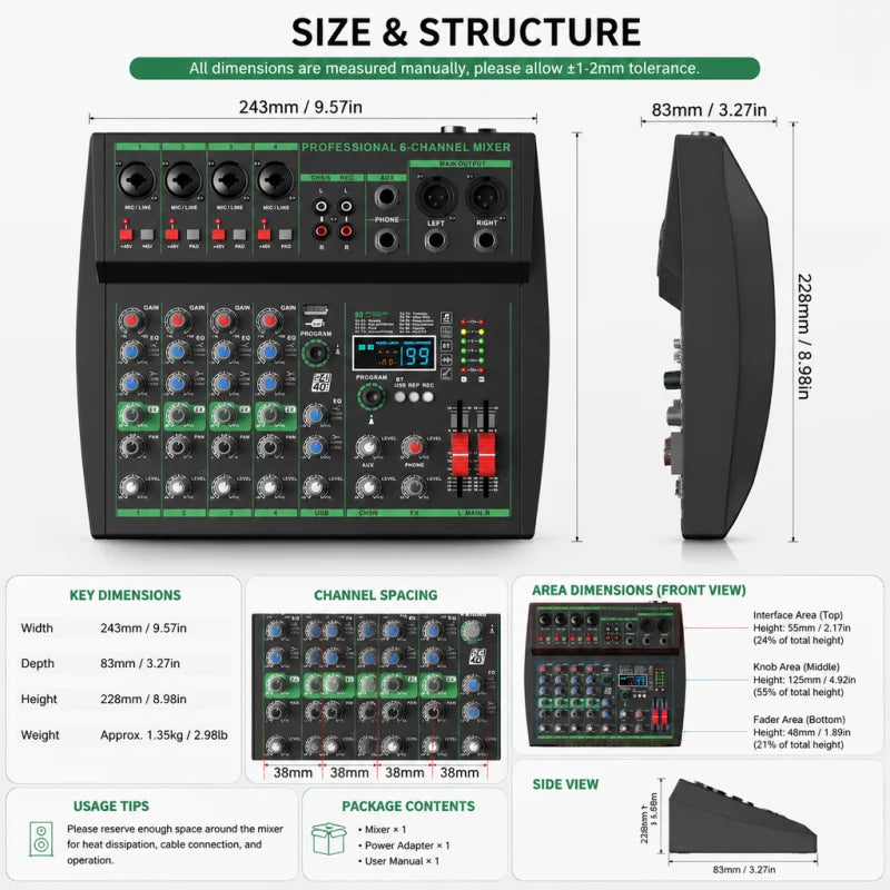 MW-6 Black 6-Channel Audio Mixer with Noise Reduction DJ Console | Bluetooth & USB Playback, Portable Controller Mixer, DSP 99 Preset Effects, Live Streaming, Podcasting, Home Party