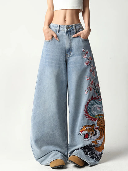 European And American Wide-Leg Denim Pants, Featuring Dragon, Tiger, Plum Blossom, And Cloud Embroidery, High-Waisted Jeans