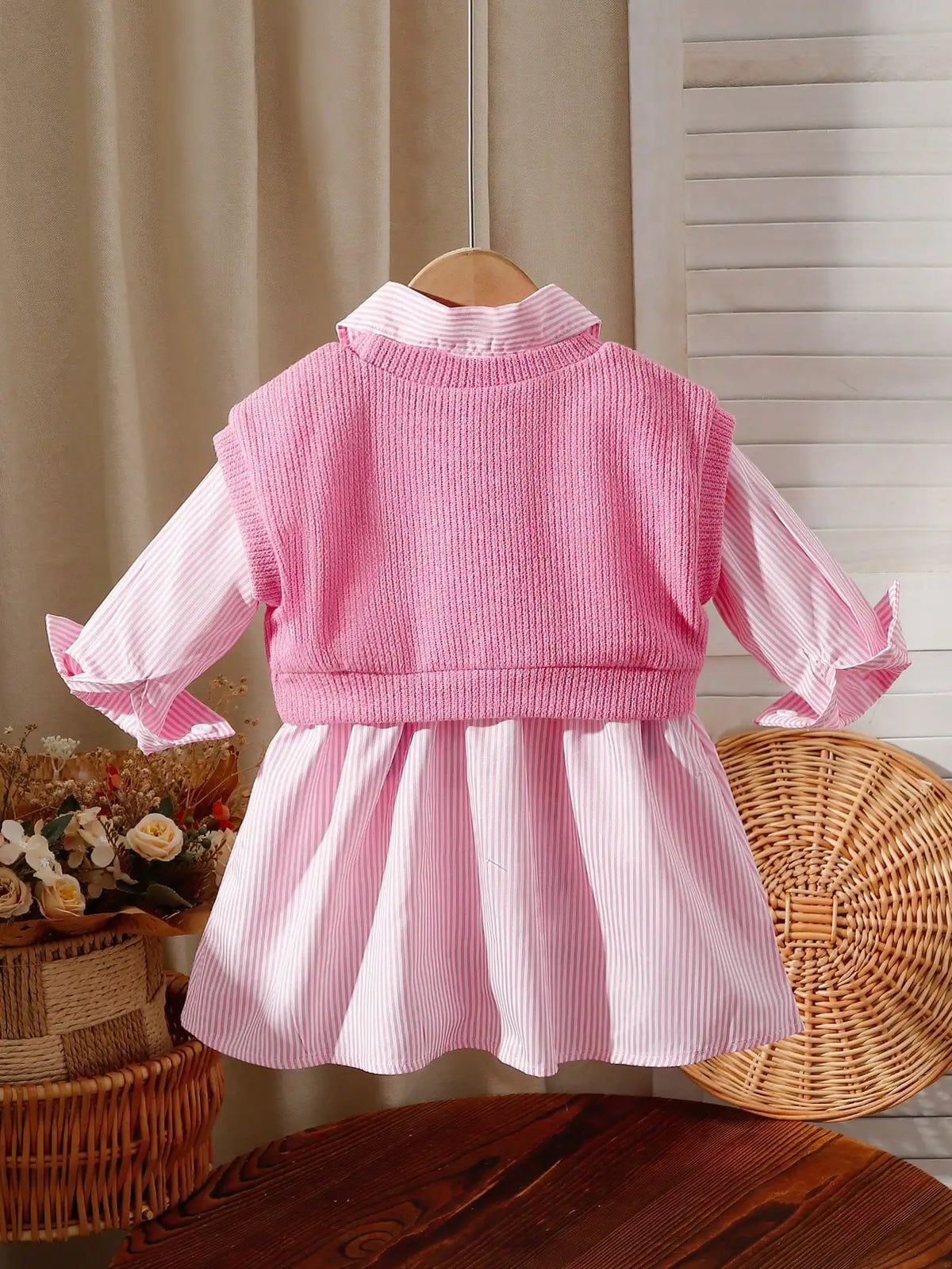 Two-piece baby girl embroidered vest and striped long-sleeved shirt dress for daily casual wear, versatile for spring and summer