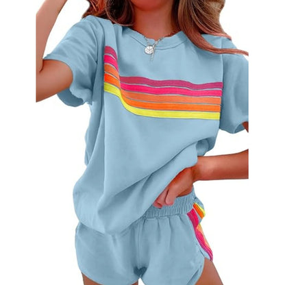 Women Casual Sports Outfits Summer Outdoor Comfortable Cool Shorts Tracksuit 2pcs Set Urban Fashion Stripe Top Suit Streetwear