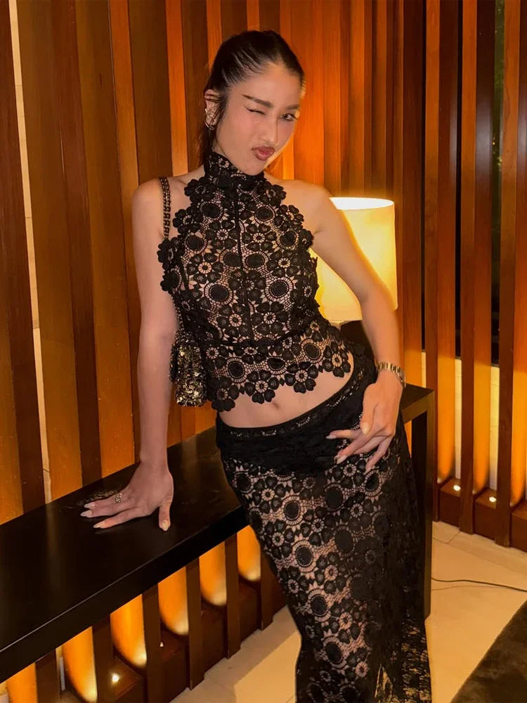 Women Black Halter Hollow Lace Two Piece Skirt Set Sleeveless Stand Collar Slim Camisole 2026 Bar Nightclub Party Evening Outfit