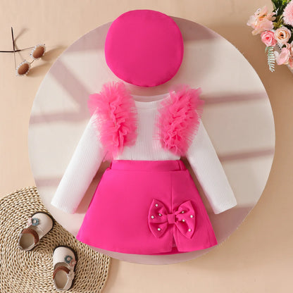 Baby Girls Clothes New Year Set 0-3Y Long Sleeve Big Bow Top Irregular Skirt and Beret 3Pcs Toddler Christmas Clothes