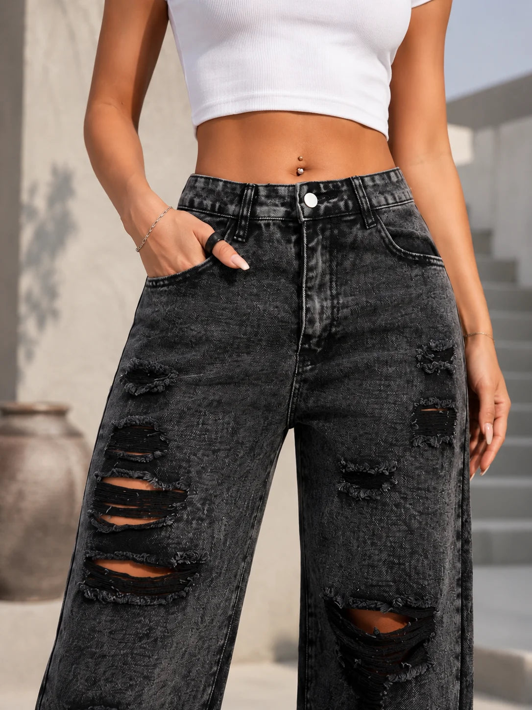 Y2K Rave Vintage High Waist Side Pocket Slit Straight Leg Jeans Casual Spring